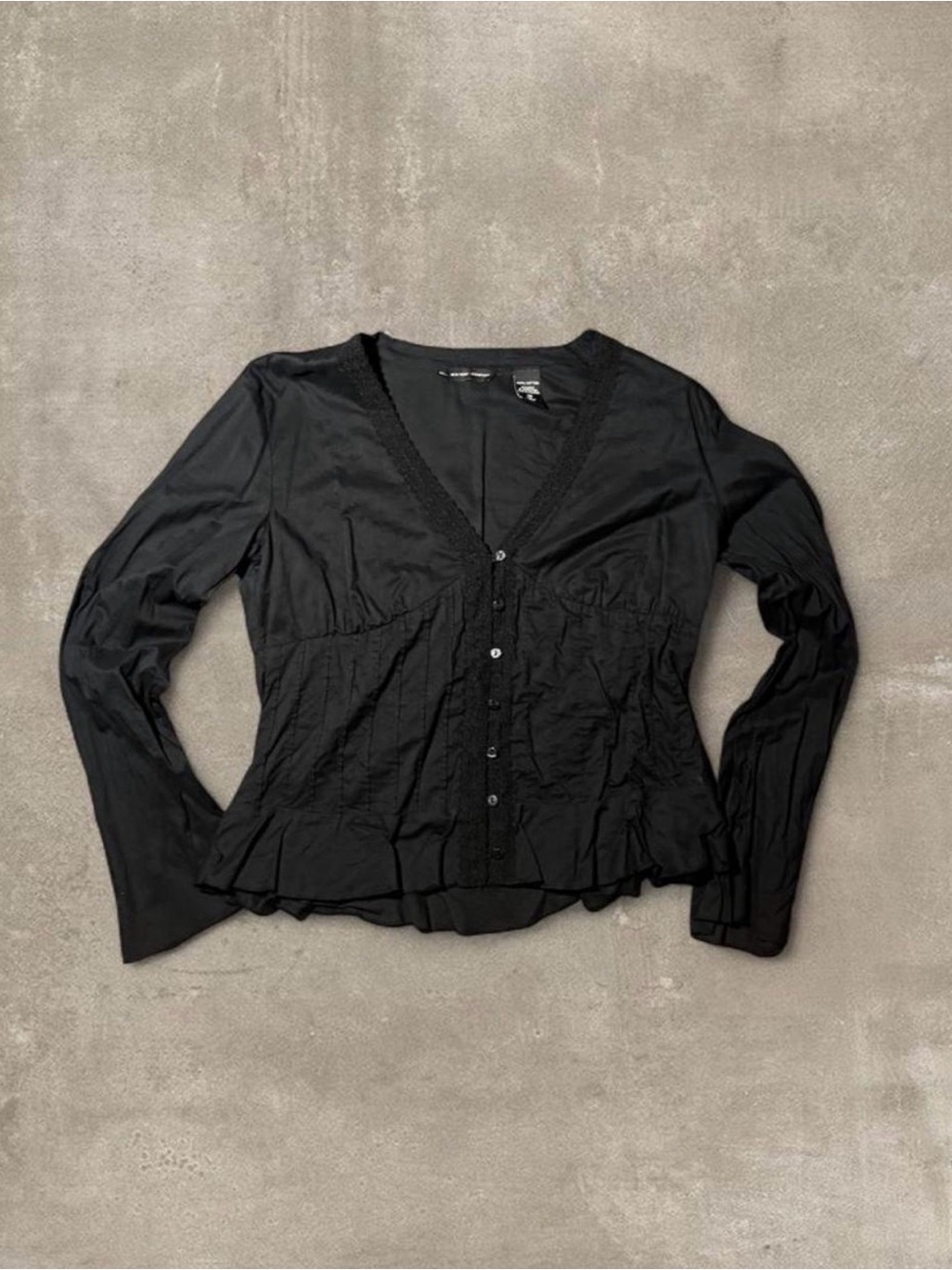 New York & Company black cotton button up blouse with ruffles
